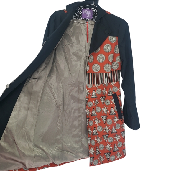 Bendita Seas Long Jacket Lined Coat Size 12 Large Black Red Hindi Buddah Patern - Picture 2 of 5